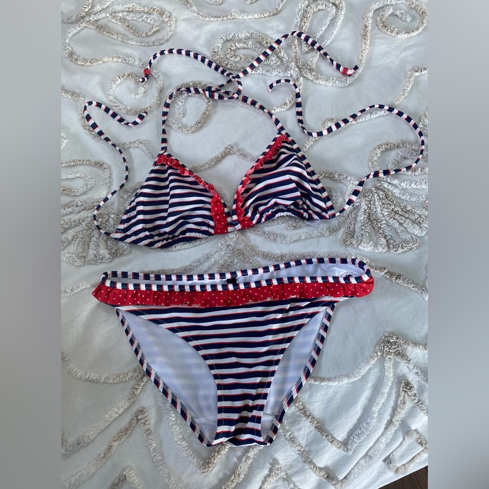Marie Meili Striped Red and Blue Bikini Set